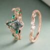 Kite Cut Moss Agate Bridal Ring Set Nature Inspired Leaf Ring Set (2)