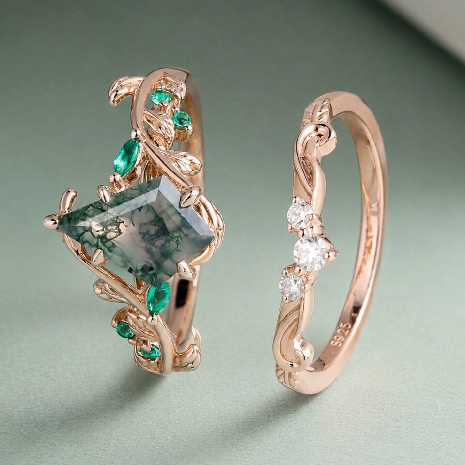 Kite Cut Moss Agate Bridal Ring Set Nature Inspired Leaf Ring Set (2)