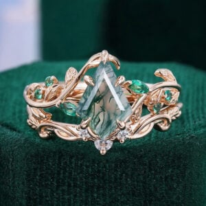 Kite cut moss agate bridal ring set nature inspired leaf ring set