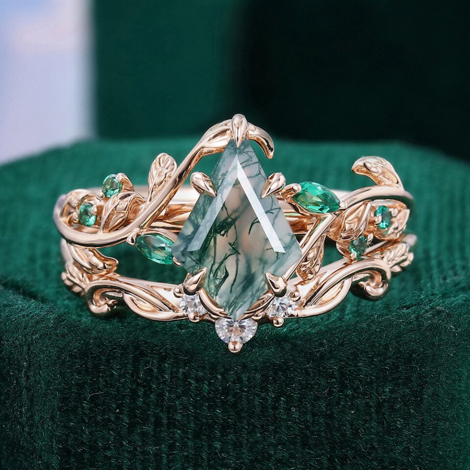 Kite Cut Moss Agate Bridal Ring Set Nature Inspired Leaf Ring Set