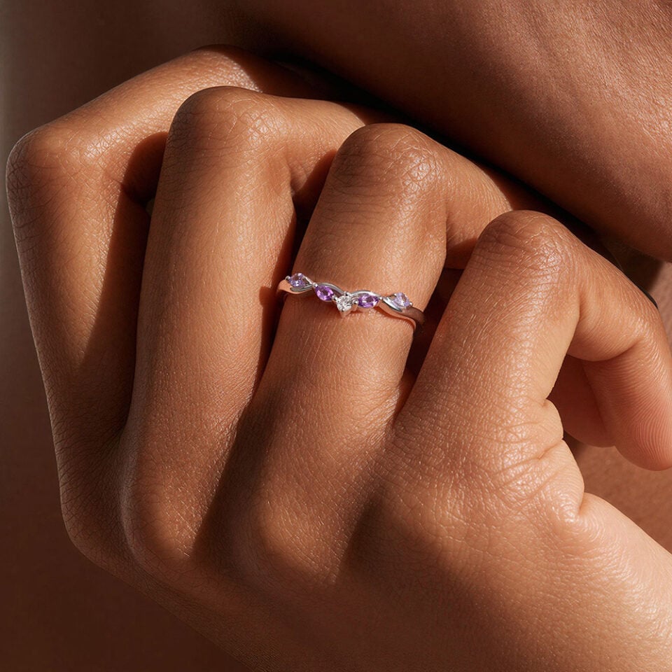 Lavender Tones Tanzanite & Amethyst Seagull Arc Curved Wedding Band (2)