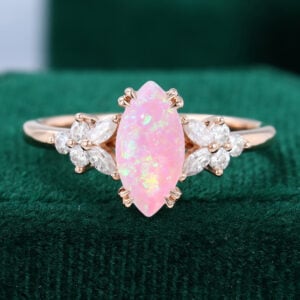 Marquise Cut Lab Pink Opal Promise Ring With Blossom Moissanite Accents