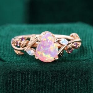 Natural Inspired Teardorp Lab Pink Opal Leaf Ring Moonstone & Amethyst Accented Ring (1)
