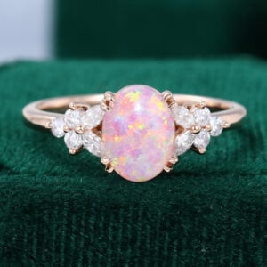 Oval Cut Lab Pink Opal Promise Ring Nature Inspired Blossom Ring