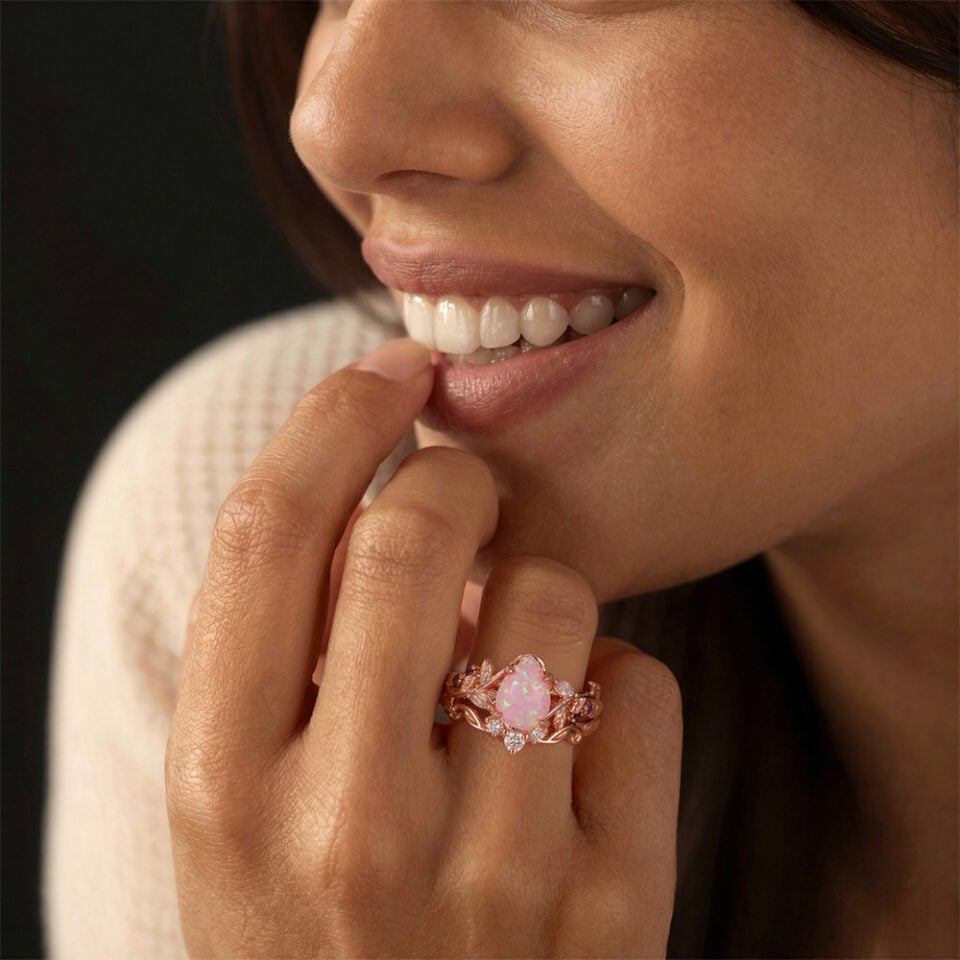 Pear Shaped Lab Pink Opal Engagement Ring Set Nature Inspired Leaf Ring Set (1)