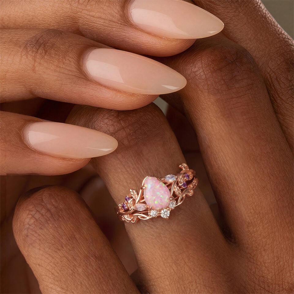 Pear Shaped Lab Pink Opal Engagement Ring Set Nature Inspired Leaf Ring Set (2)