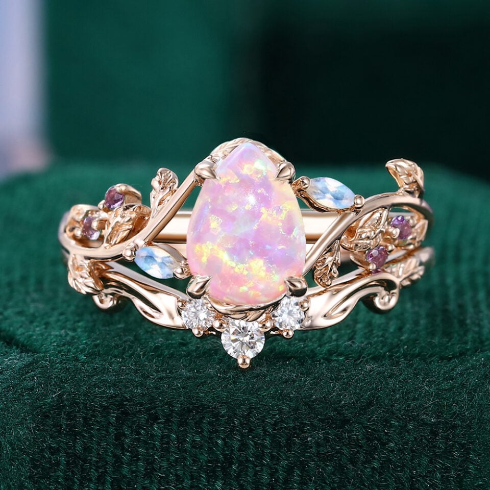 Pear Shaped Lab Pink Opal Engagement Ring Set Nature Inspired Leaf Ring Set