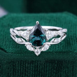 Pear Shaped Green Blue Sapphire Engagement Ring Set Unique Twisted Bridal Set
