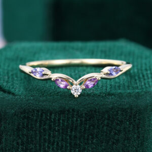 Trio Stones Amethyst & Tanzanite Curved Wedding Band Unique Stacking Ring