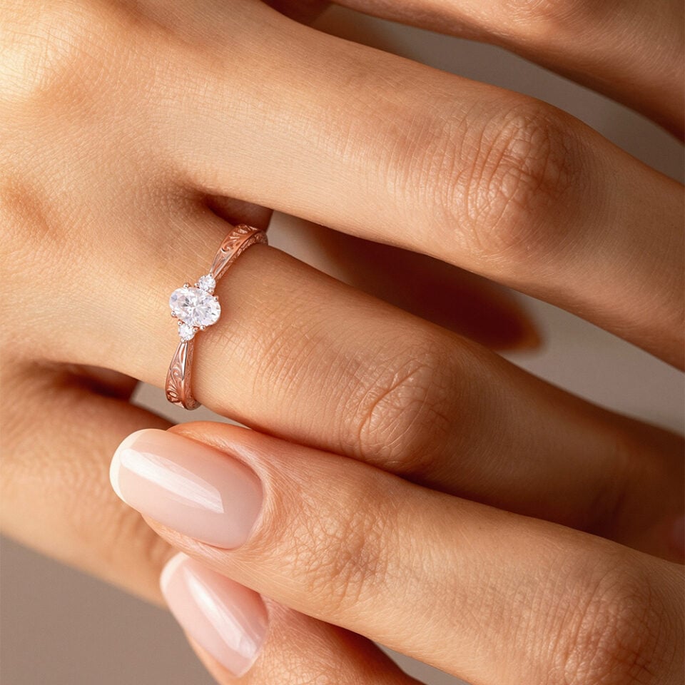12 Carat Oval Cut Moissanite Flourish Promise Ring Three Stone Dainty Engagement Ring (1)