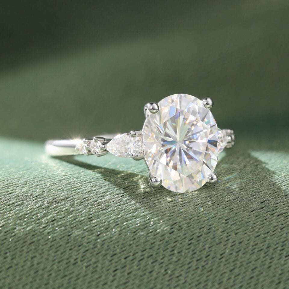 3 Carat Oval Cut Moissanite Engagement Ring With Trio Side Stones