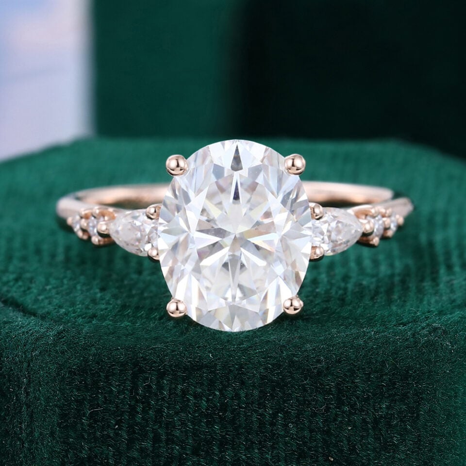 3 Carat Oval Cut Moissanite Engagement Ring With Trio Side Stones