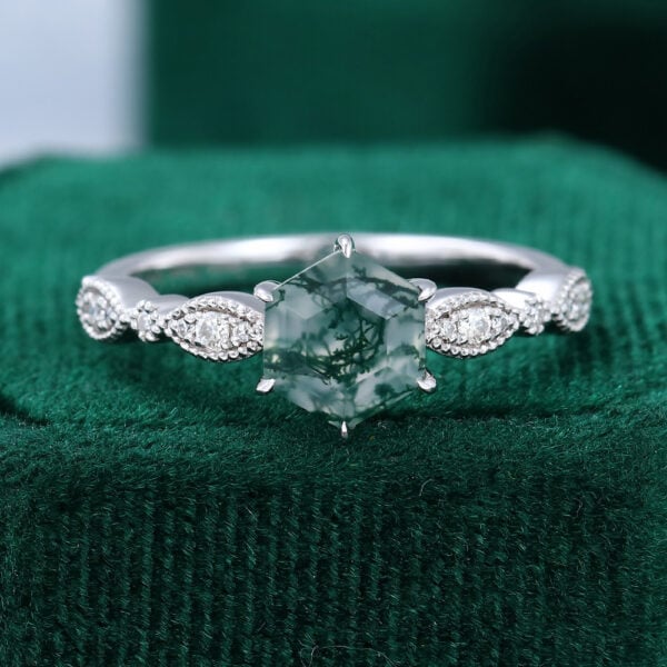 Hexagon Cut Moss Agate Engagement Ring Milgrain Design Promise Ring