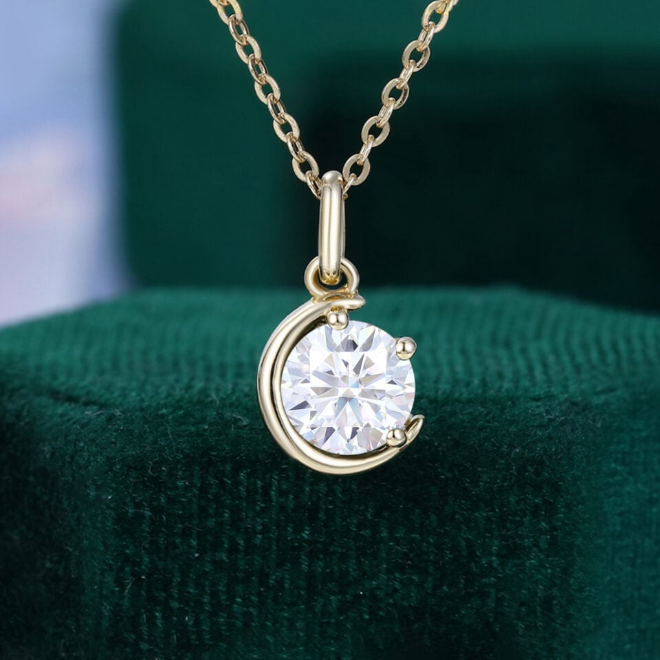 Crescent Round Cut Moissanite Necklace Solitaire Pendant