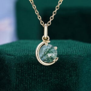 Crescent Round Cut Moss Agate Necklace Solitaire Pendant Gifts For Women
