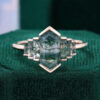 Elongated Hexagon Moss Agate Promise Ring Baguette Accented Bridal Ring