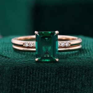 Emerald Cut Lab Emerald Engagement Ring Set Minimalist Bridal Ring Set