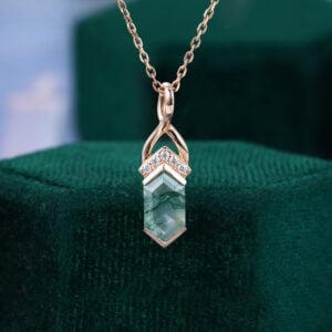 Hexagon Cut Moss Agate Necklace Fishtail Diamond Accented Pendant