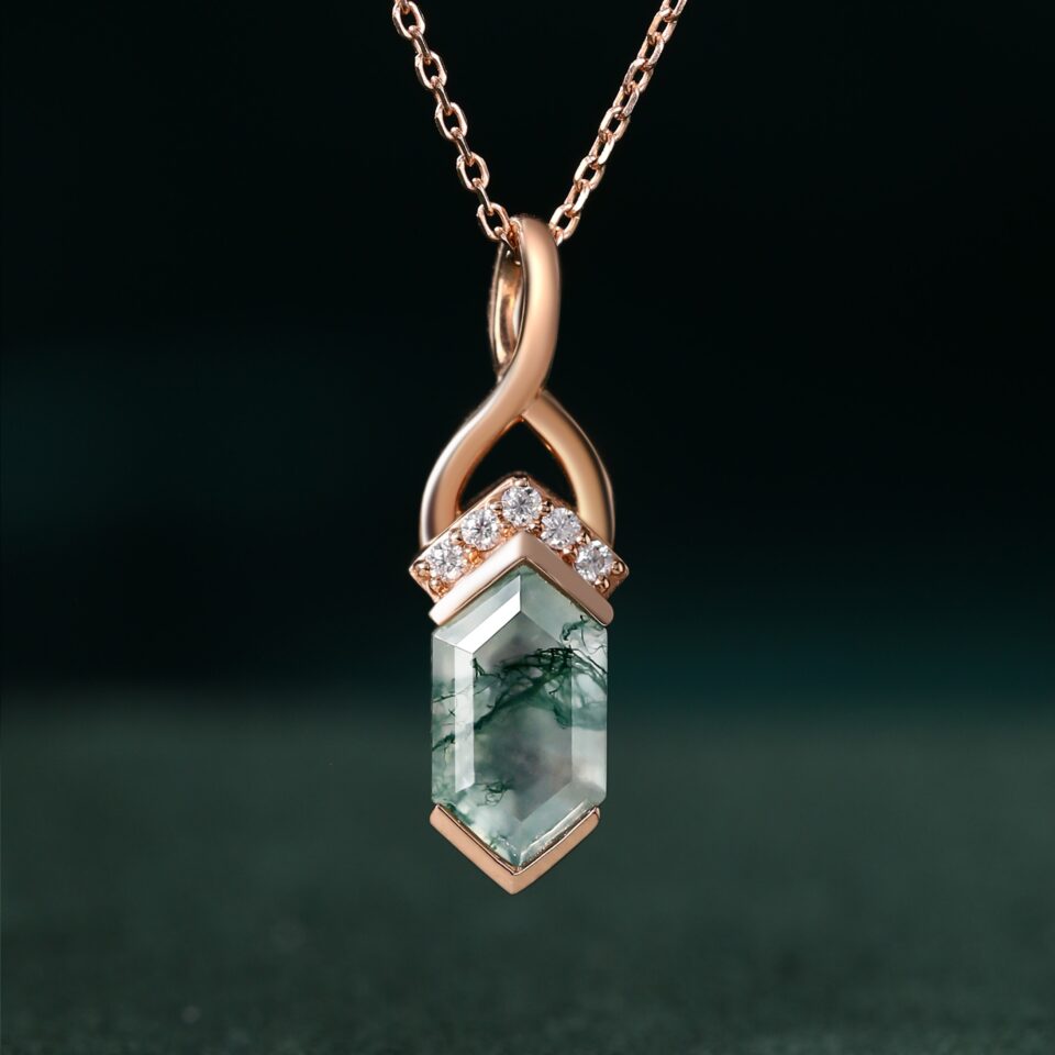 Hexagon Cut Moss Agate Necklace Fishtail Diamond Accented Pendant Gifts For Her