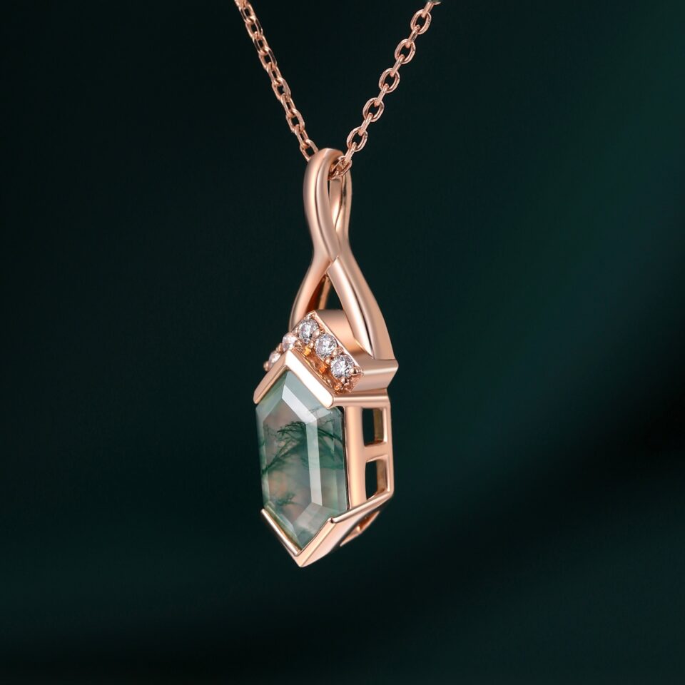 Hexagon Cut Moss Agate Necklace Fishtail Diamond Accented Pendant Gifts For Her (4)