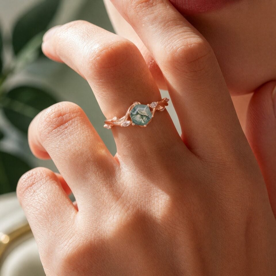 Hexagon cut moss agate promise ring nature inspired engagement ring