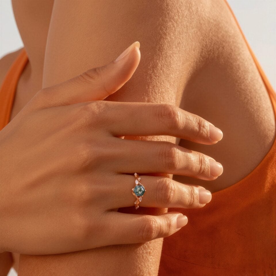 Hexagon Cut Moss Agate Promise Ring Nature Inspired Engagement Ring (2)