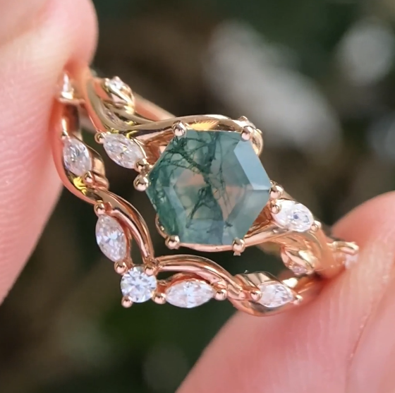 Hexagon Cut Moss Agate Twig Ring Set | MollyJewelryUS