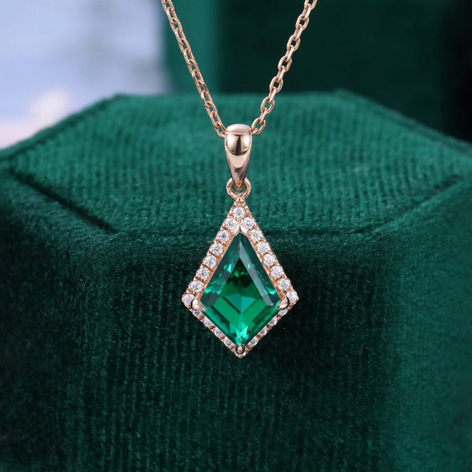 Kite Cut Emerald Necklace For Women Diamond Halo Accented Pendant