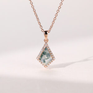 Kite Cut Moss Agate Halo Pendant Necklace For Women