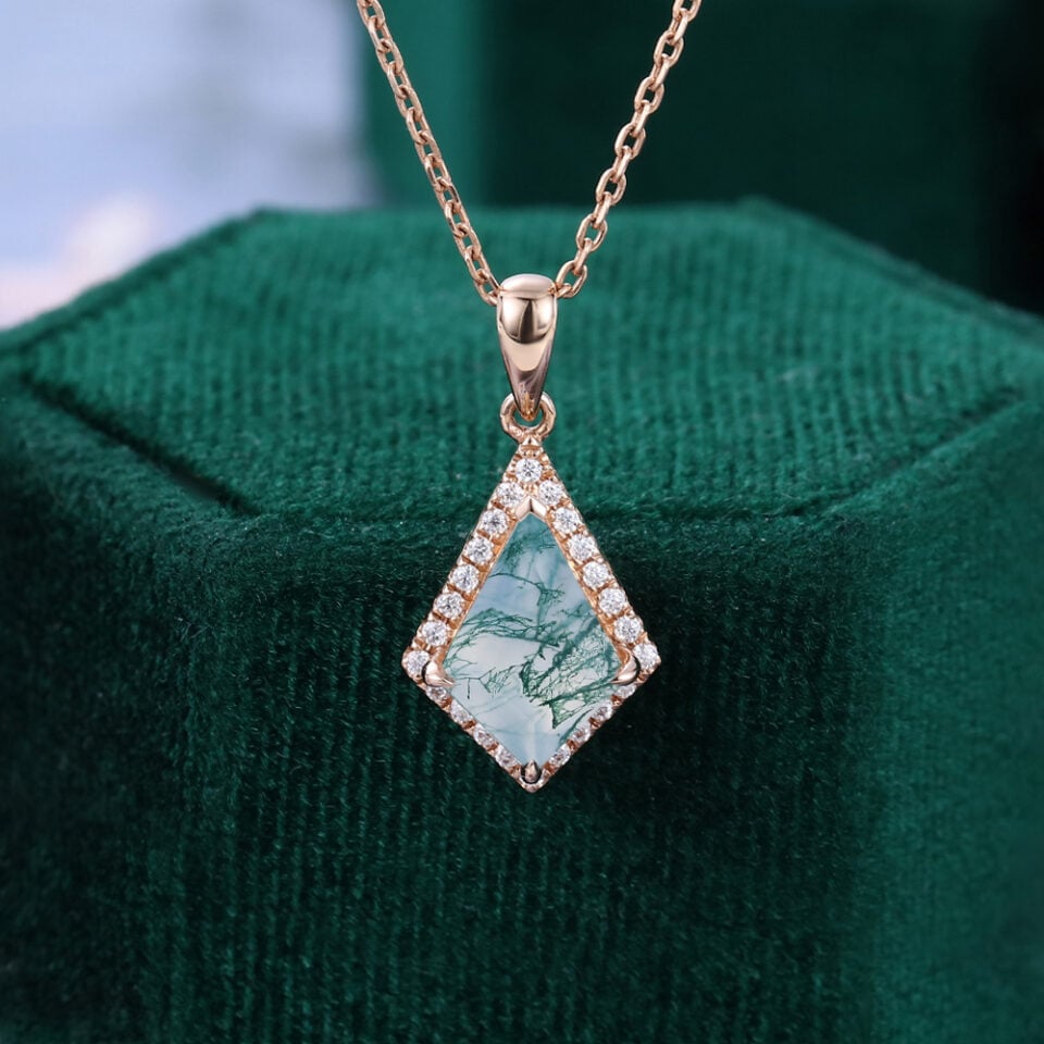Kite Cut Moss Agate Halo Pendant Necklace For Women