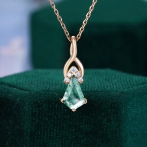 Kite Cut Moss Agate Necklace Fishtail Diamond Accented Pendant Gifts For Girlfriend