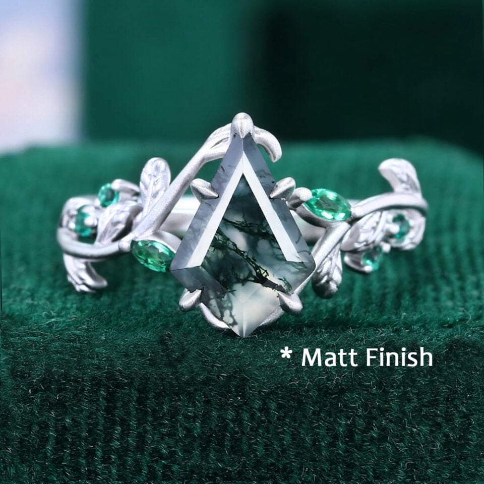 Kite Cut Moss Agate Promise Ring with Emerald Accents - matt finish