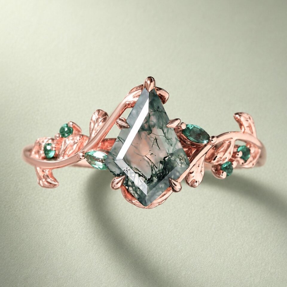 LeafLace Kite Cut Moss Agate Promise Ring with Emerald Accents Engagement Ring (1)