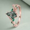 LeafLace Kite Cut Moss Agate Promise Ring with Emerald Accents Engagement Ring (4)