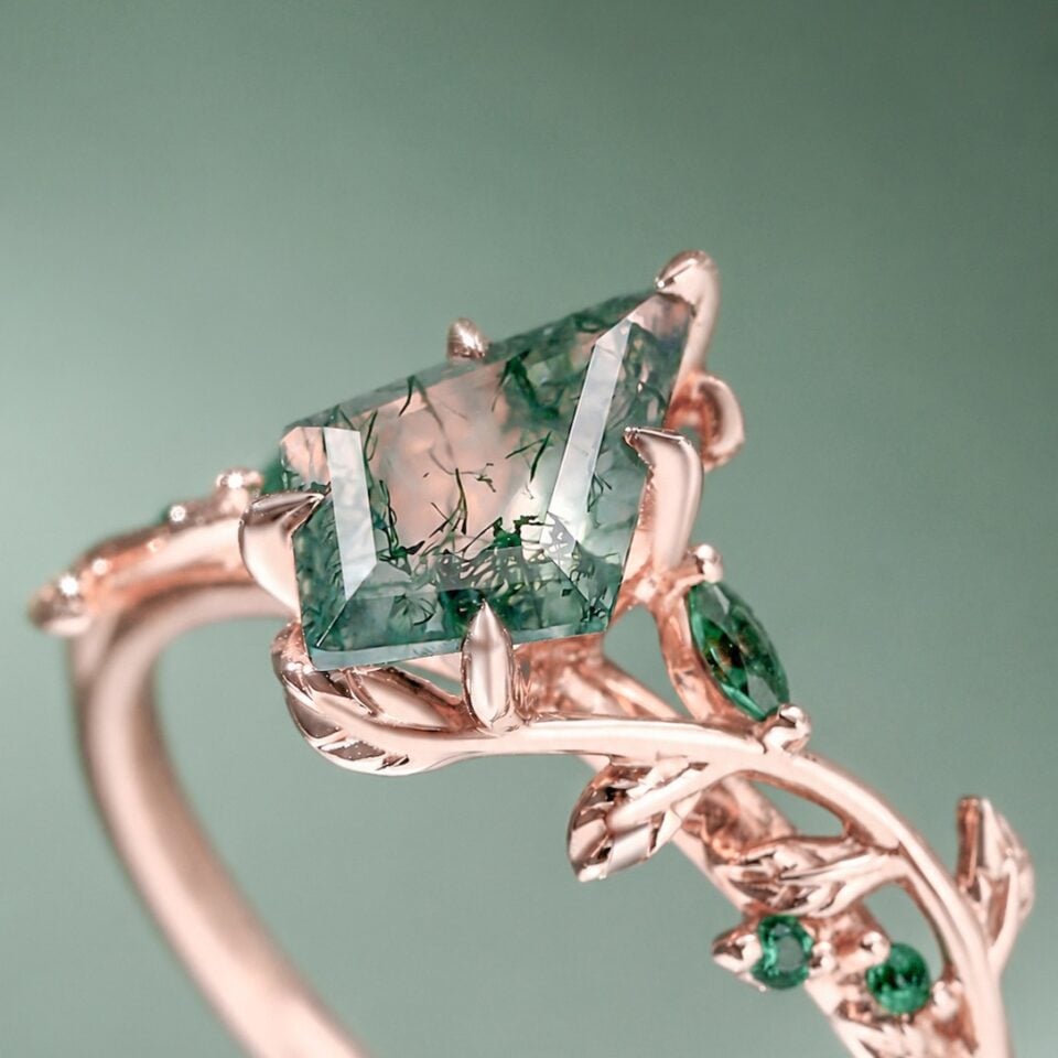 LeafLace Kite Cut Moss Agate Promise Ring with Emerald Accents Engagement Ring (6)