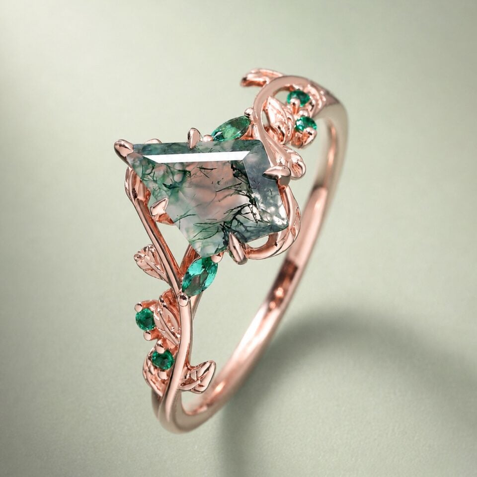 LeafLace Kite Cut Moss Agate Promise Ring with Emerald Accents Engagement Ring (7)