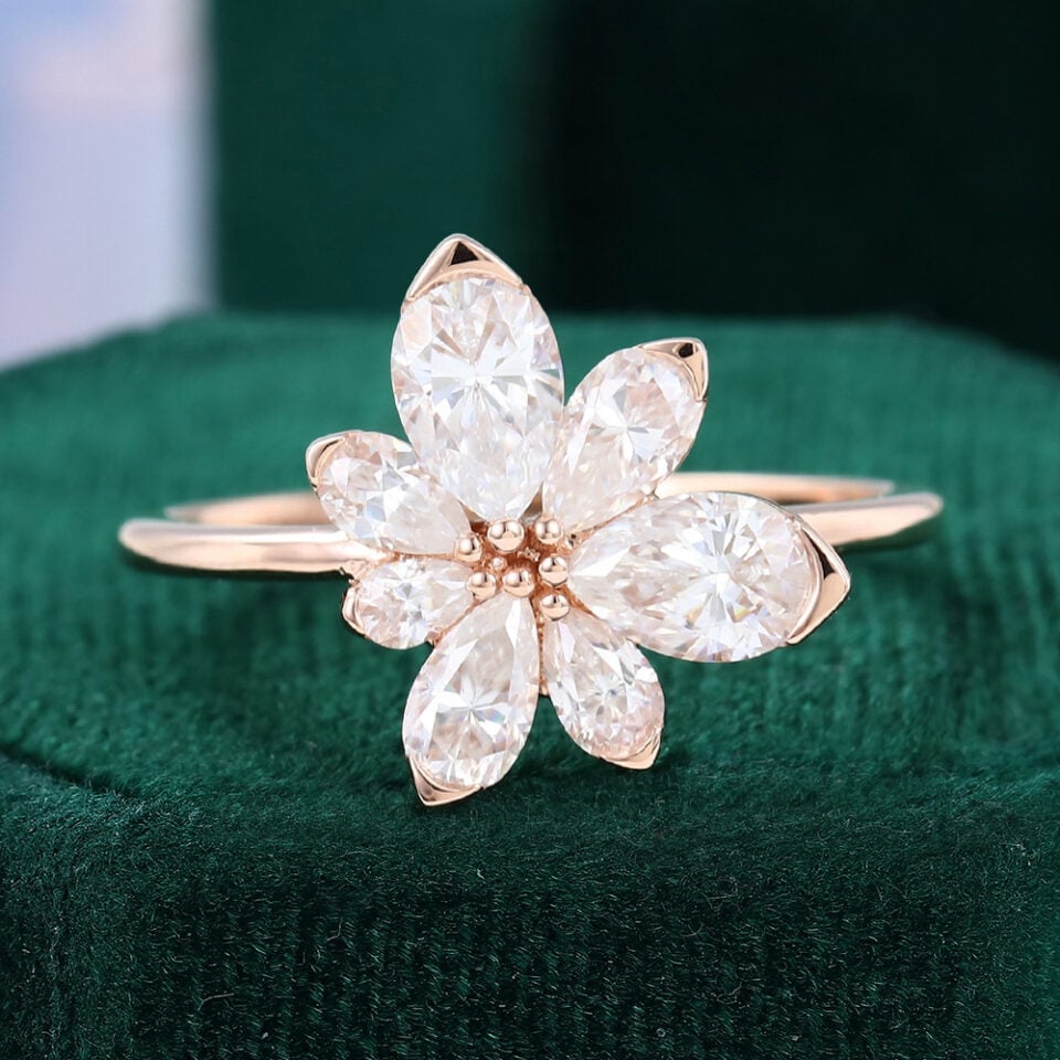 Mixed Sizes Pear Cut Moissanite Blossom Cluster Engagement Ring