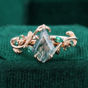 Kite Cut Moss Agate with Emerald Accents Engagement Ring