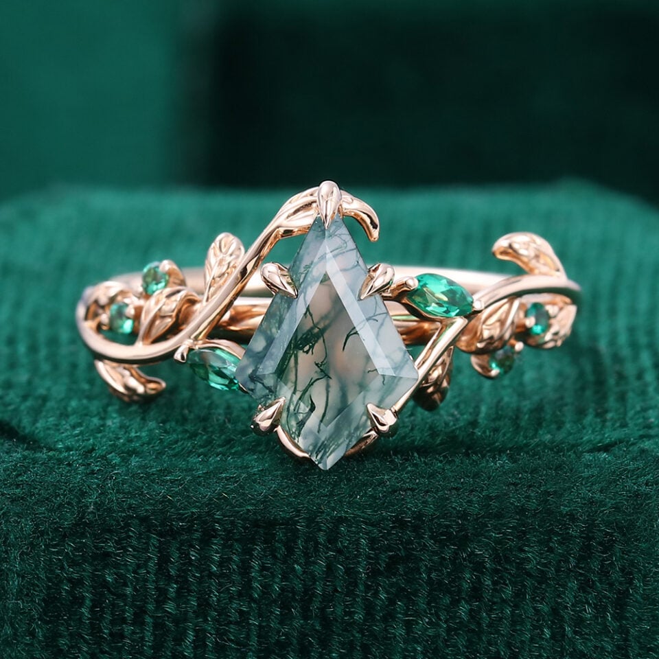 LeafLace | Kite Cut Moss Agate Promise Ring with Emerald Accents Engagement Ring