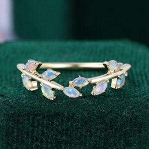 Nature Inspired Opal Wedding Band Laurel Wreath Stackable Ring