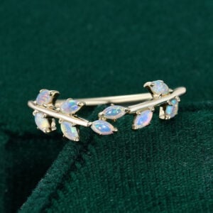Nature Inspired Opal Wedding Band Laurel Wreath Stackable Ring