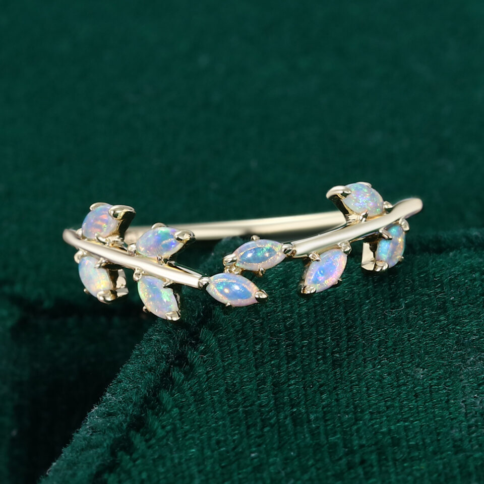Nature Inspired Opal Wedding Band Laurel Wreath Stackable Ring