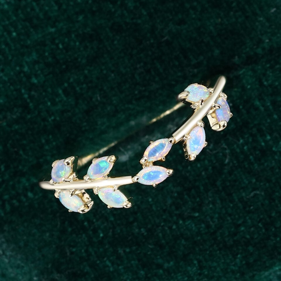 Nature Inspired Opal Wedding Band Laurel Wreath Stackable Ring (6)