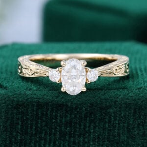 Oval Cut Moissanite Three Stone Engagement Ring Antique Flourish Ring