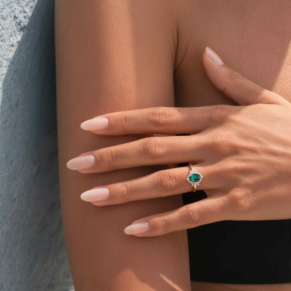 Oval Cut Lab Emerald Engagement Ring Unique Halo Bridal Ring (2)