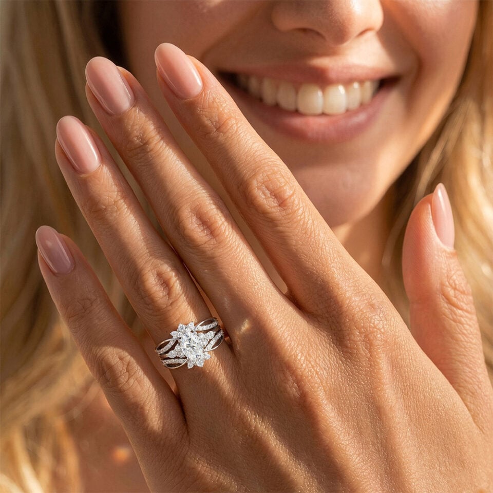 Oval Cut Moissanite Engagement Ring Set Art Deco Crown Design Bridal Set (2)