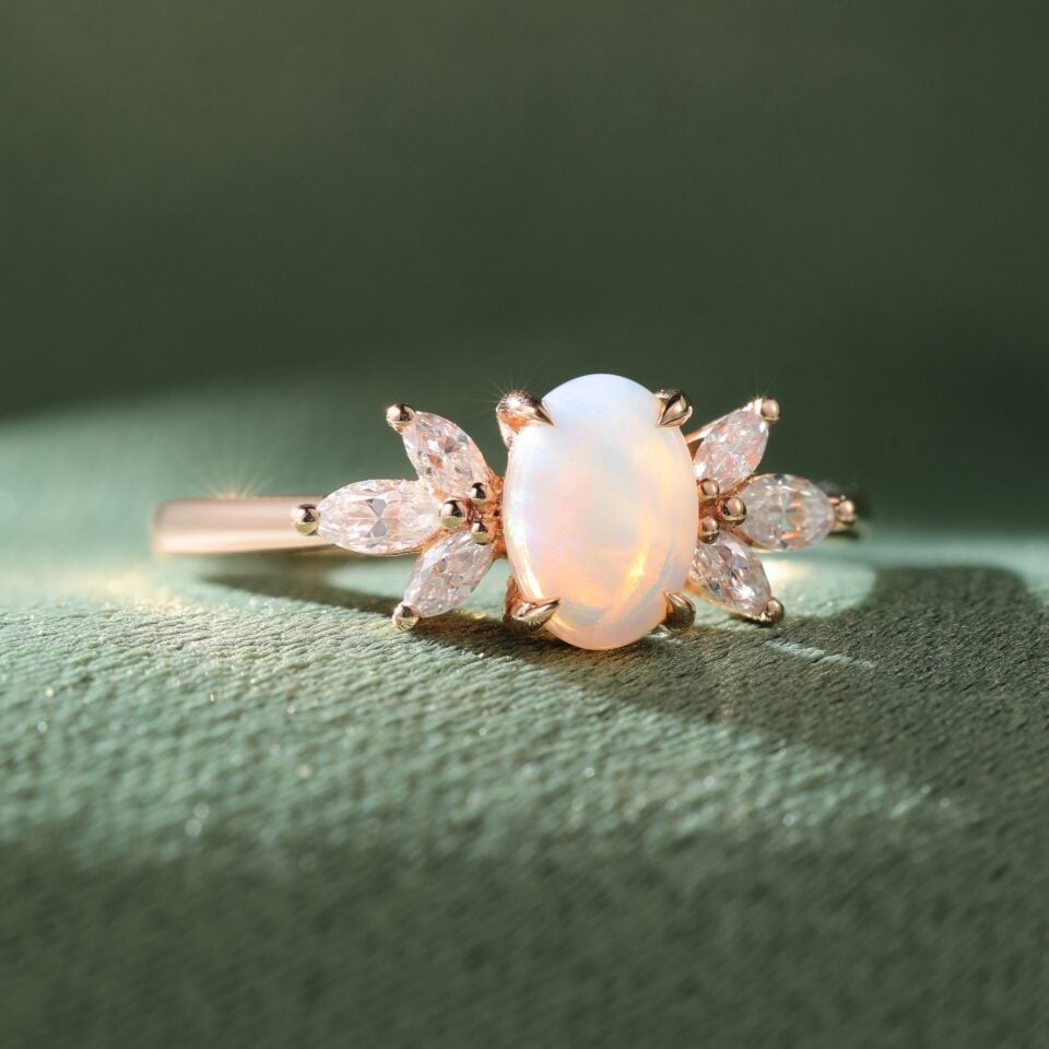 Oval Cut Natural Opal Engagement Ring Moonstone Accented Anniversary Ring (1)