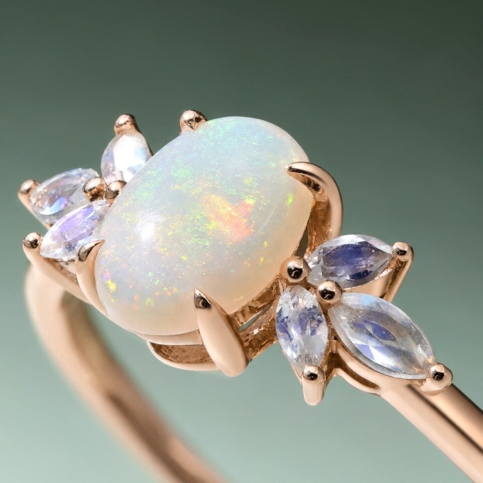 Oval Cut Natural Opal Engagement Ring Moonstone Accented Anniversary Ring (2)