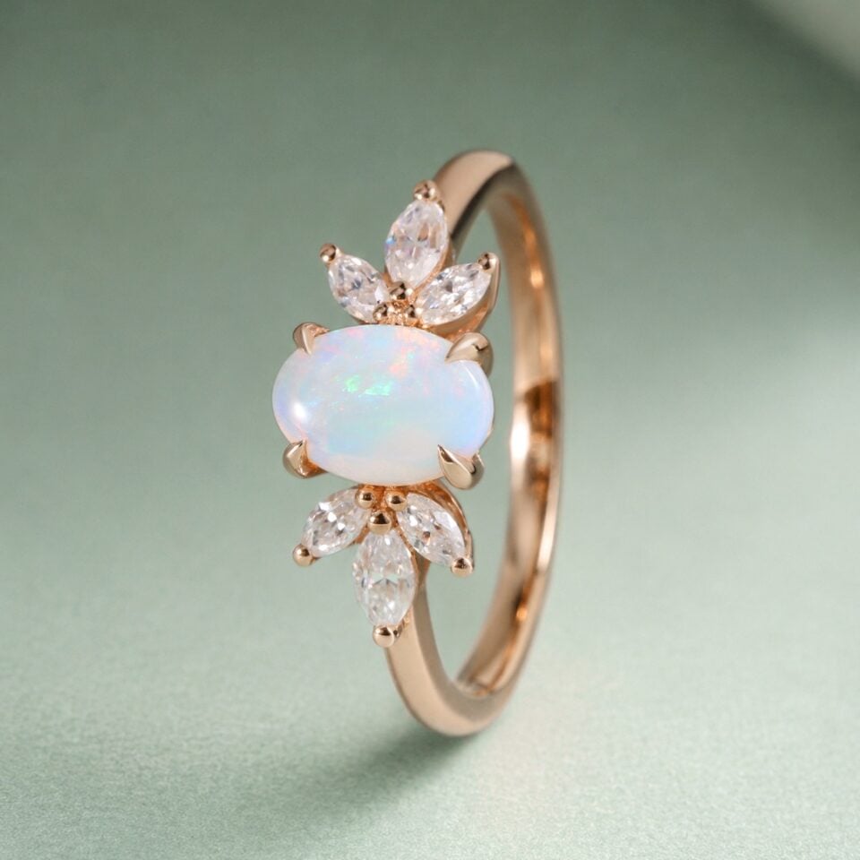 Oval Cut Natural Opal Engagement Ring Moonstone Accented Anniversary Ring (3)