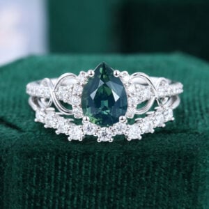Pear Cut Greenish Sapphire Infinity Engagement Ring Set